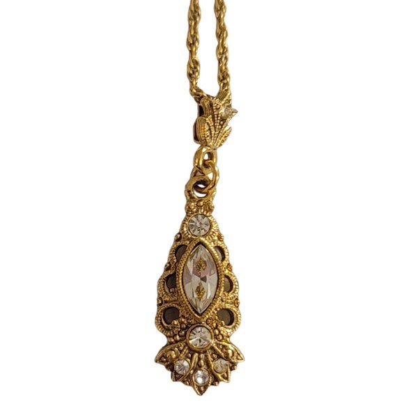 1928 Brand Gold Tone Rhinestone Victorian Style Pendant Chain Necklace 18”L K935 - Picture 2 of 7